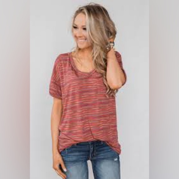 flamingo Tops - Striped pocket tee in brick. Size L